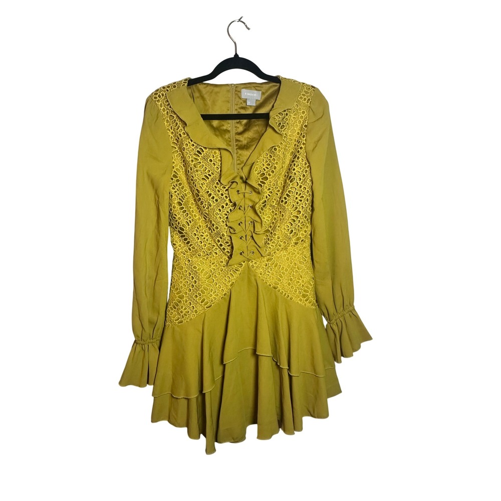 Finders Mustard Yellow Eyelet Lace Tiered Ruffle Mini Dress SZM Long SLV